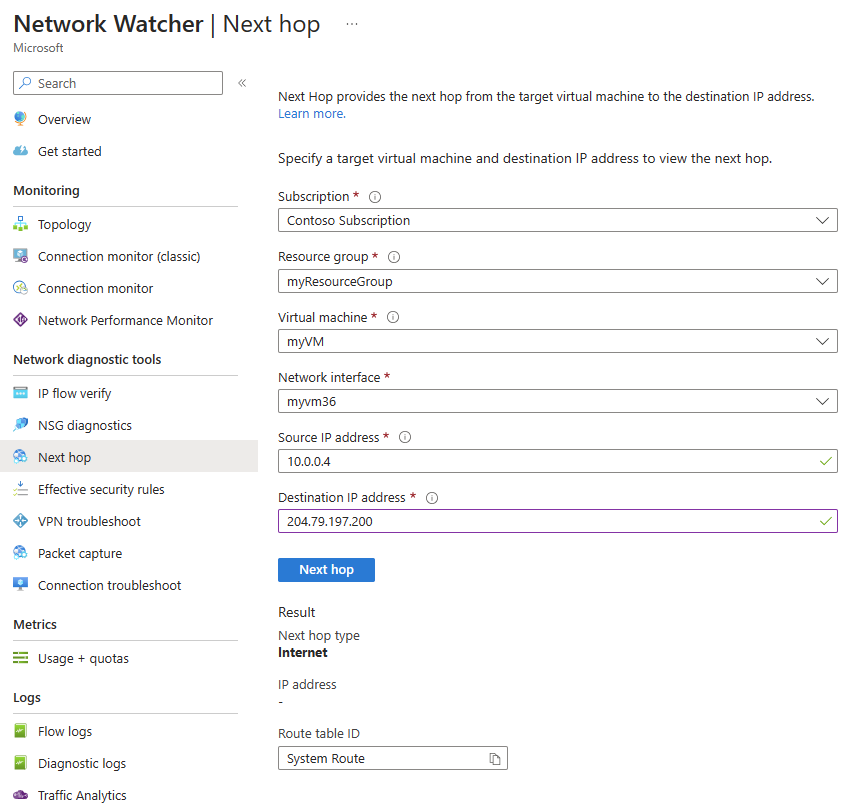 Screenshot of the next hop feature in the Azure portal.