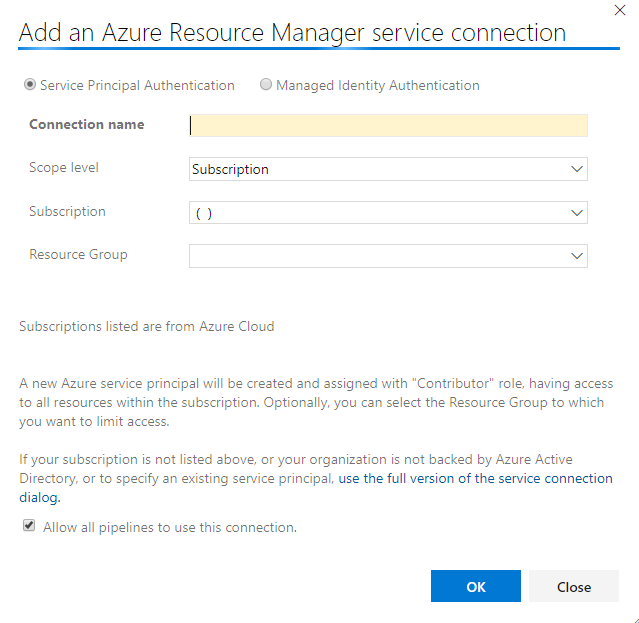 Screenshot of the add Azure Resource Manager connection.