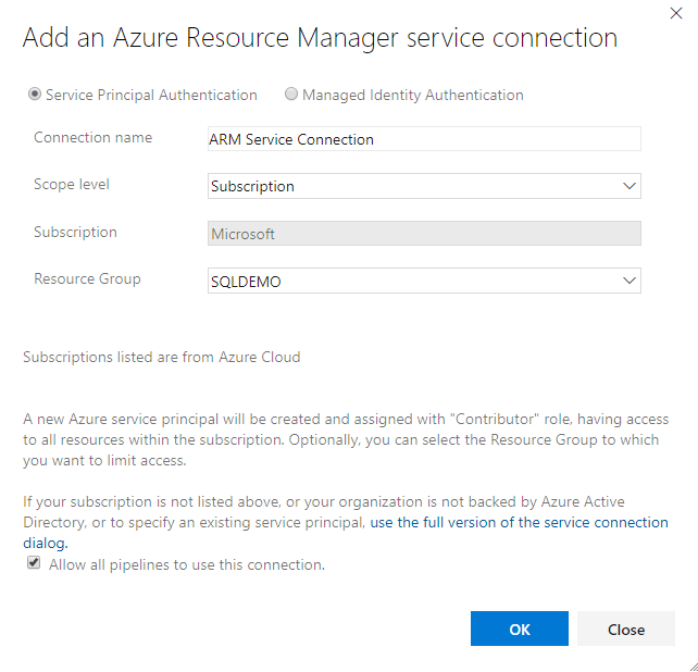 Screenshot of the new Azure Resource Manager Service Connection.