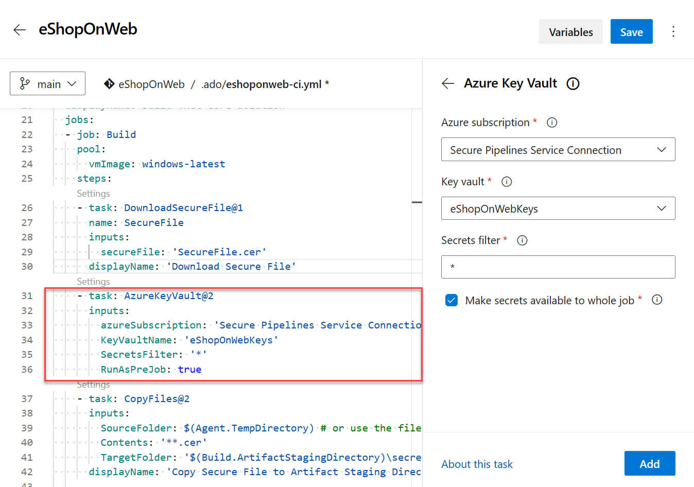 Screenshot of Azure DevOps showing how to add Azure Key Vault task to YAML pipeline.