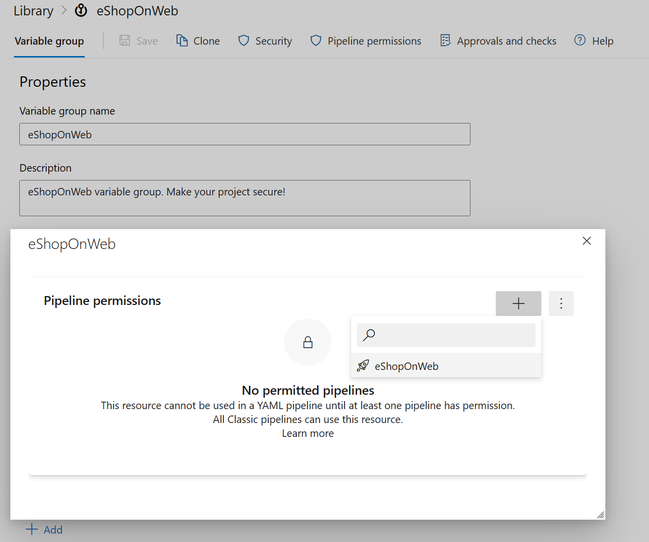 Screenshot of Azure Pipelines showing how to add a pipeline to to the Variable Group permissions.