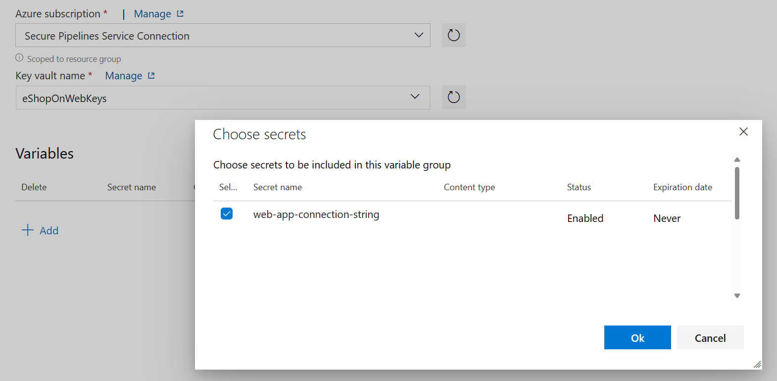 Screenshot of Azure DevOps showing how to add variables from Key Vault to the Variable Groups.