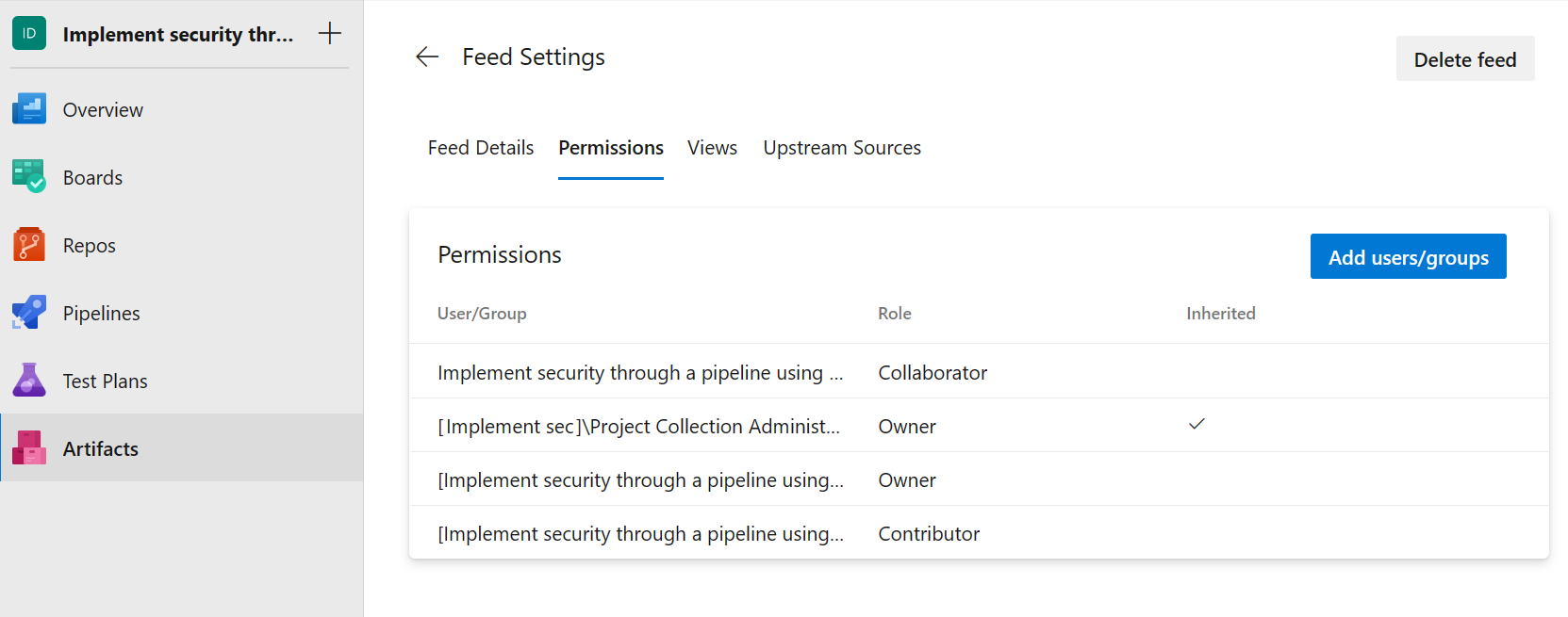 Screenshot of Azure Artifacts showing how to add user permissions to the feed.