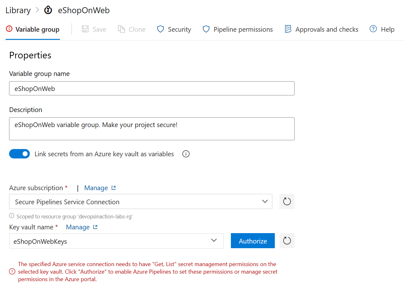Screenshot of Azure DevOps showing how to link Variable Groups and Azure Key Vault.