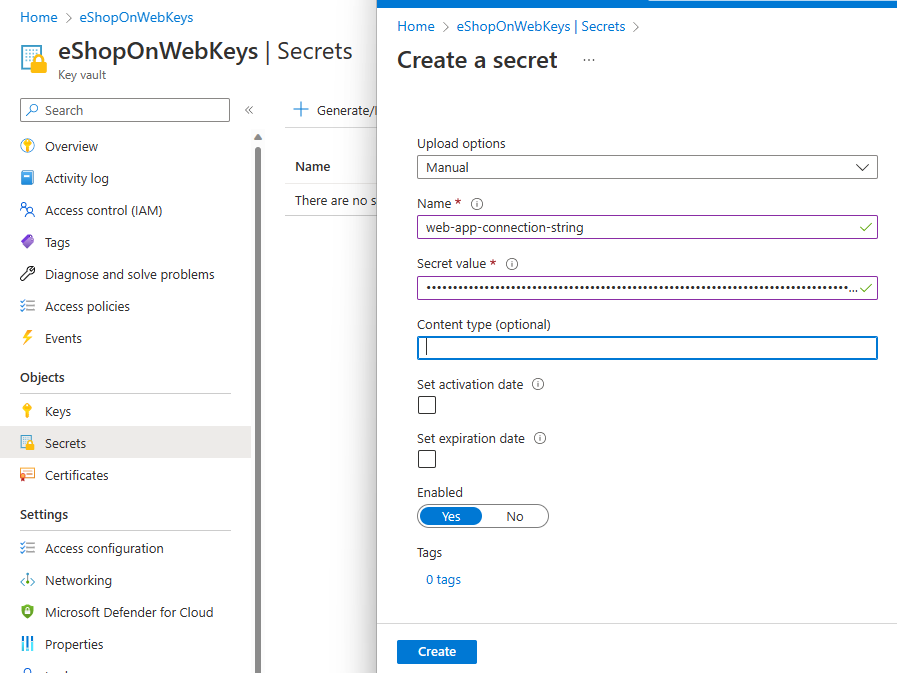 Screenshot of Azure Key Vault showing how to add a new secret.