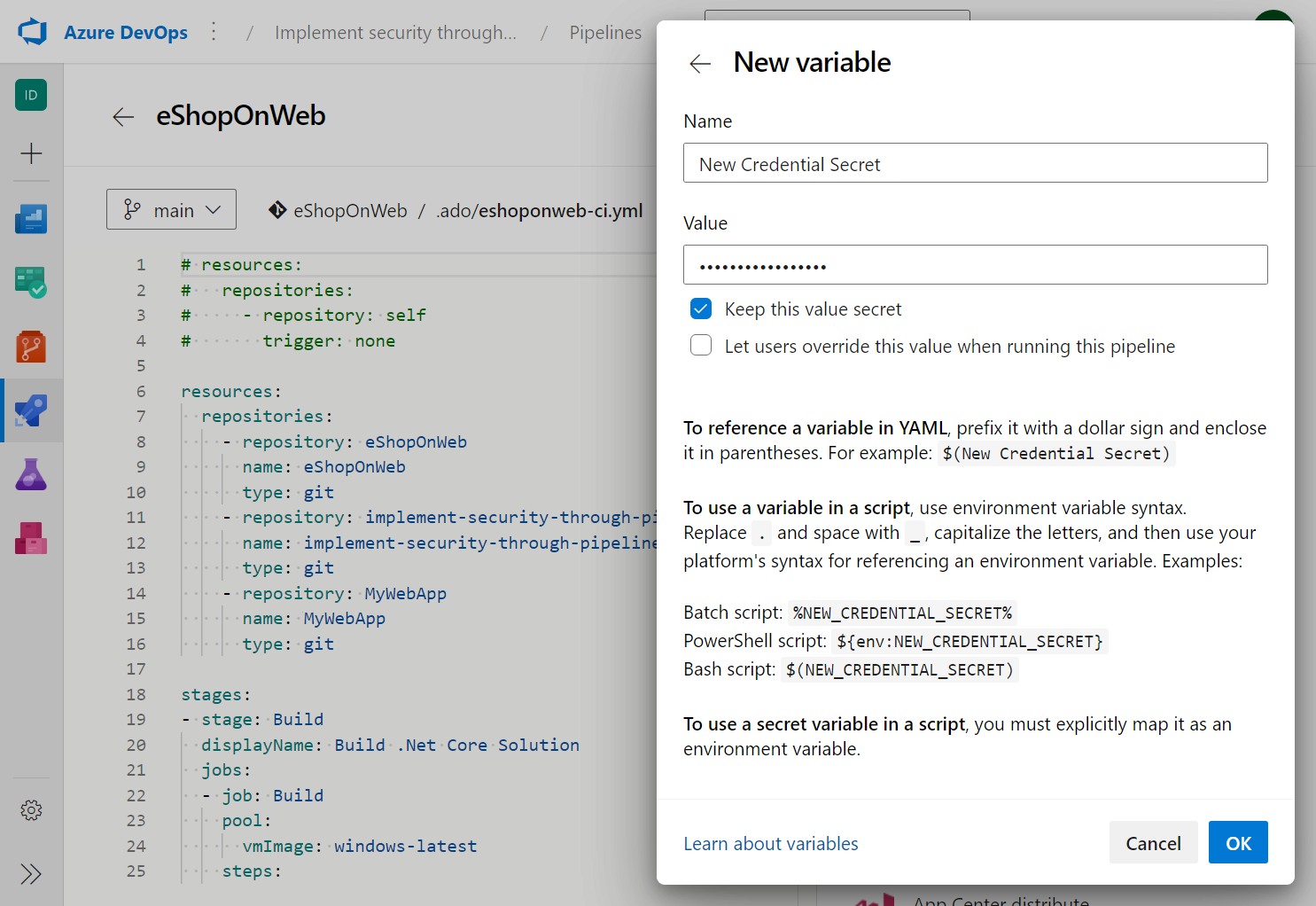 Screenshot of Azure Pipelines showing how to add a new secret variable in the pipeline UI.