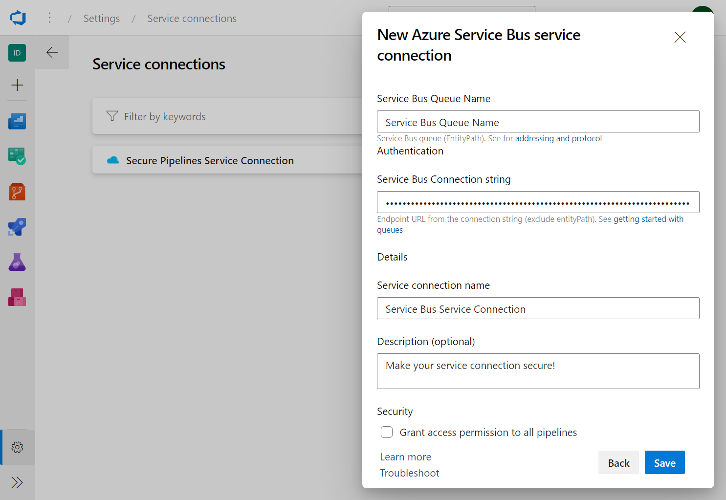 Screenshot of Azure DevOps showing how to add a new service connection for Service Bus.