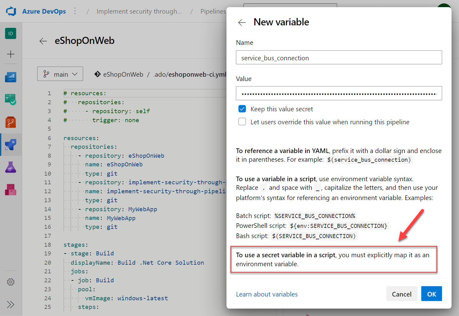 Screenshot of Azure Pipelines showing how to add a new secret service connection variable for Service Bus.