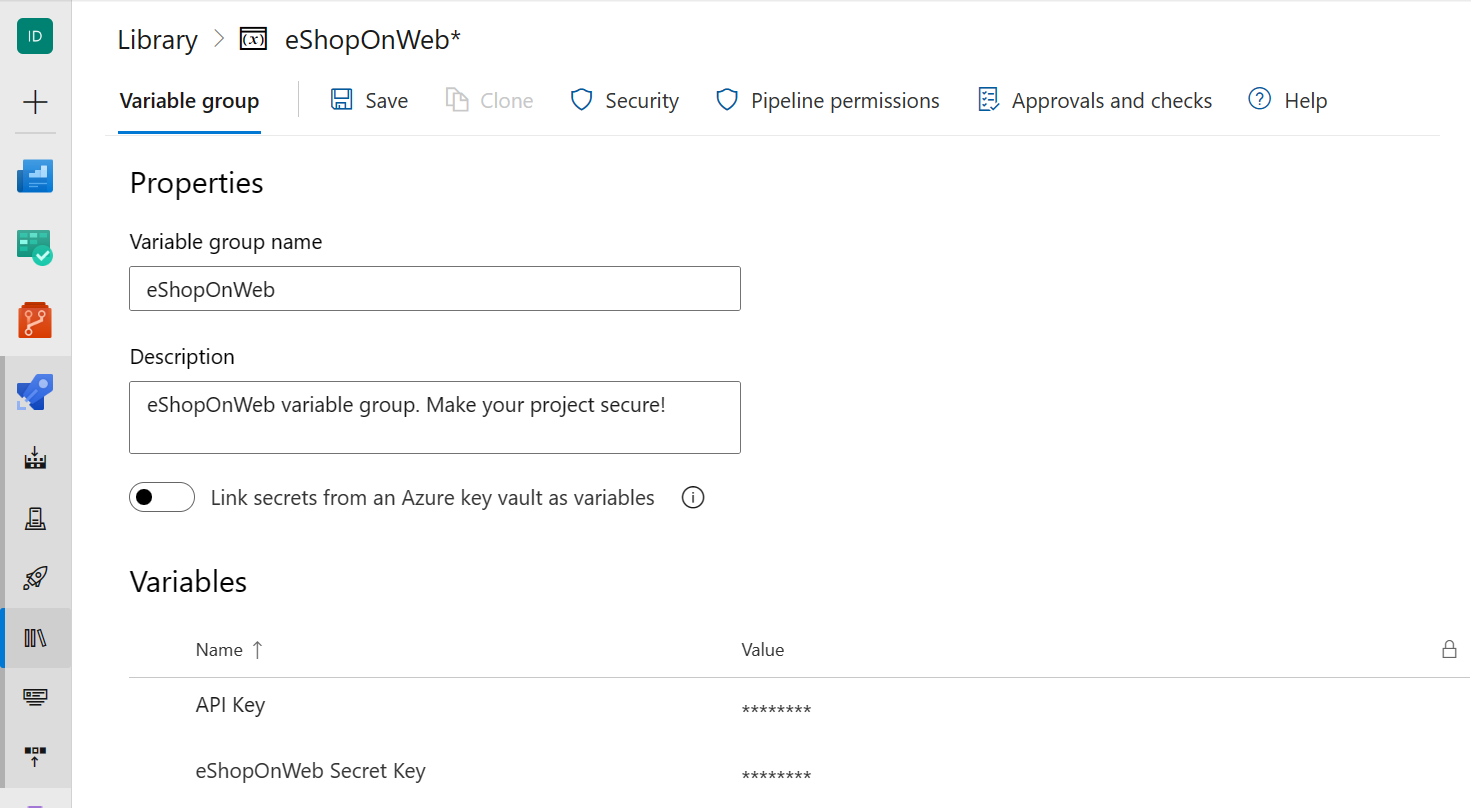 Screenshot of Azure Pipelines showing how to add a new variable to the Variable Group.