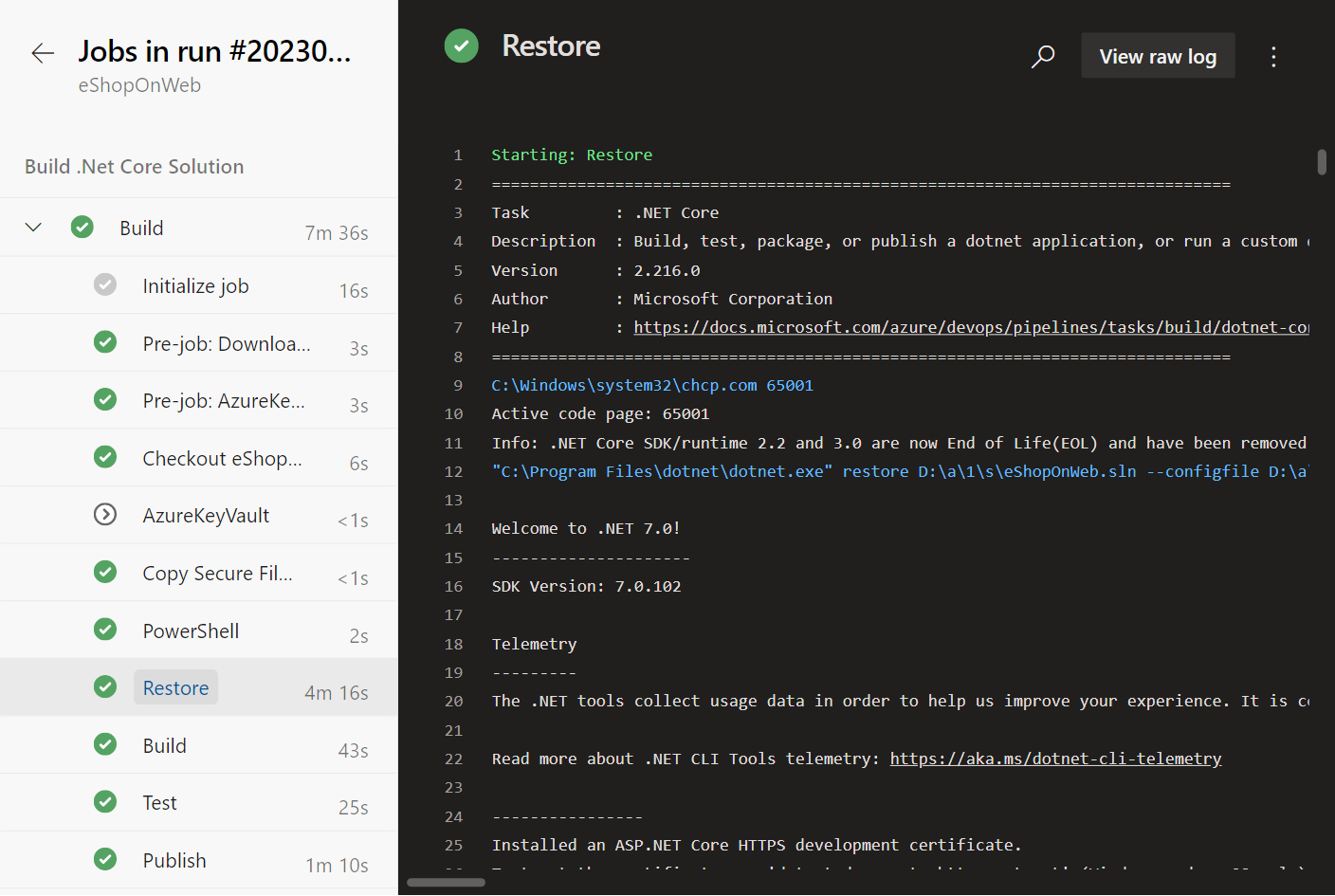 Screenshot of Azure DevOps showing a YAML pipeline execution log.