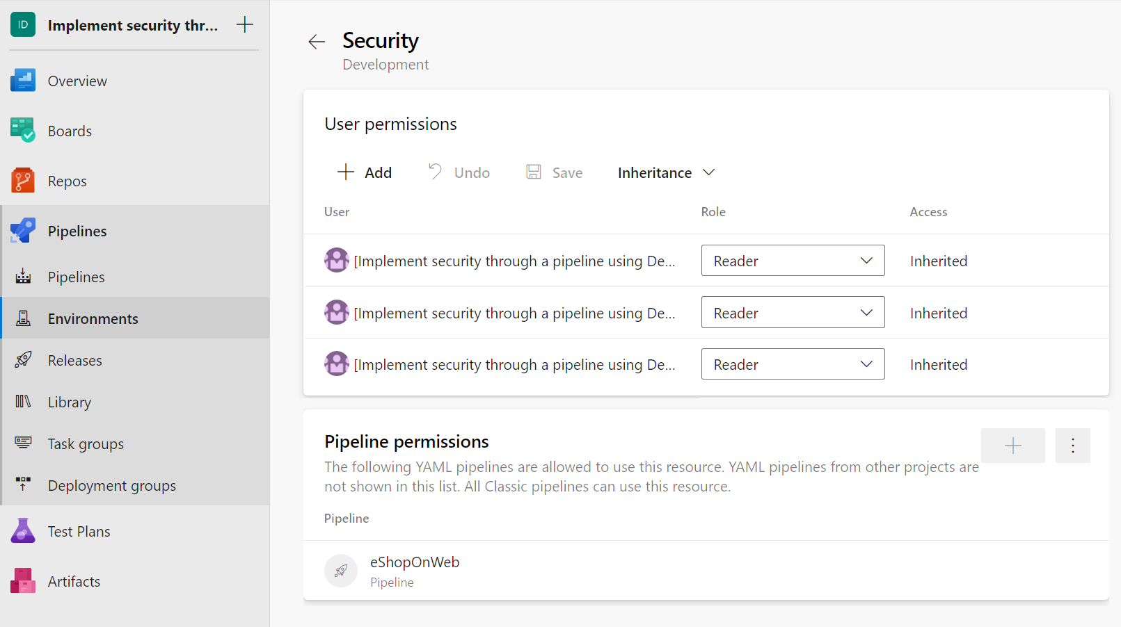 Screenshot of Azure Pipelines showing how to configure environments and add pipeline permissions.