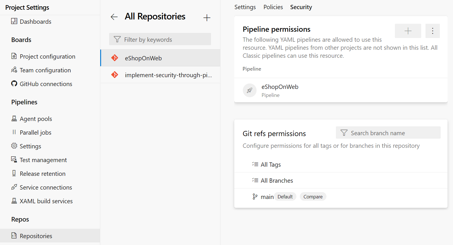 Screen recording of Azure DevOps project settings showing the steps to add the pipeline eShopOnWeb to the repository eShopOnWeb permissions.