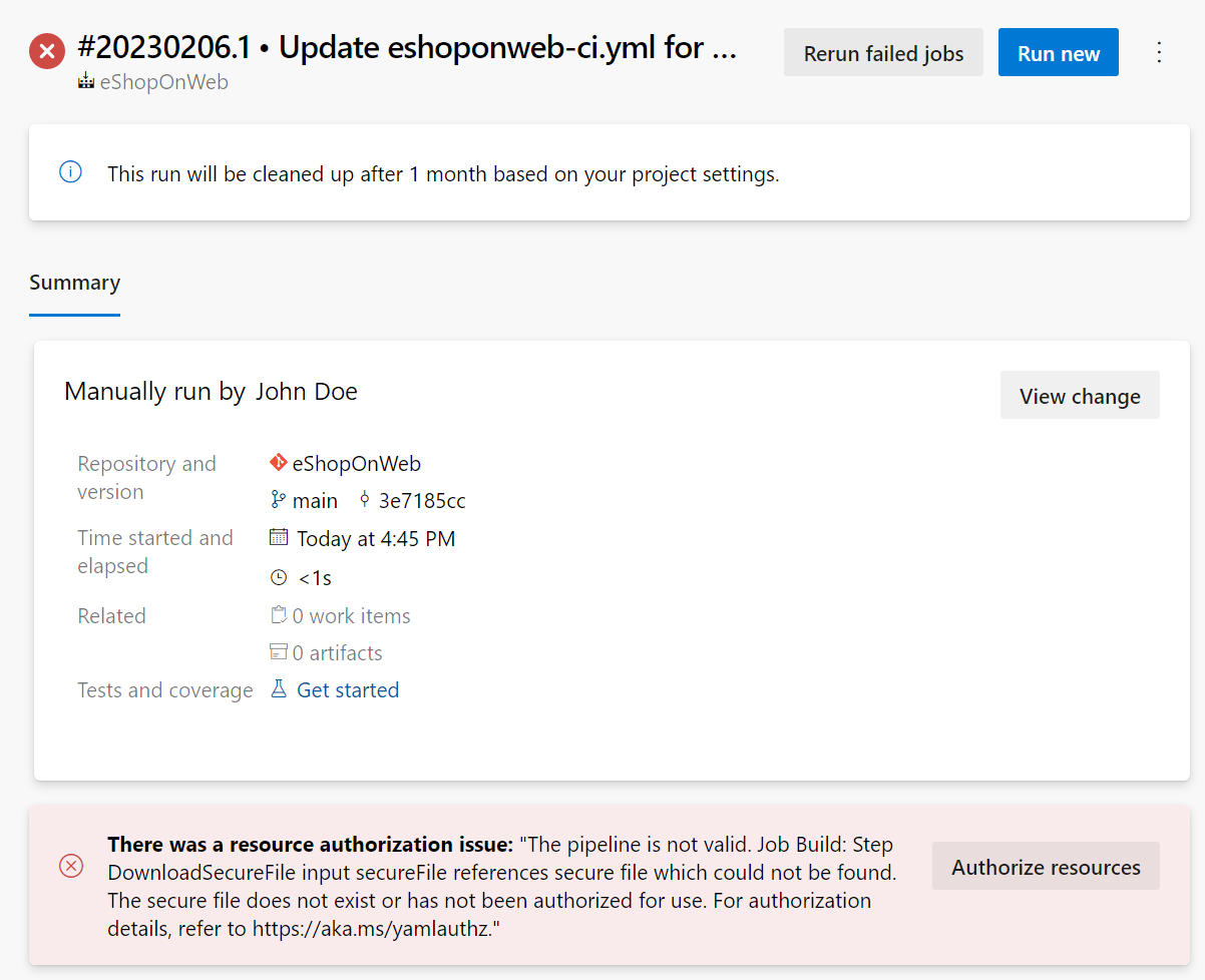 Screenshot of Azure Pipelines showing how to authorize Secure Files usage.