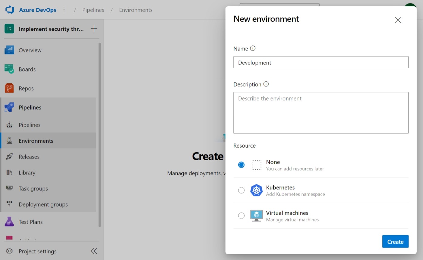 Screenshot of Azure Pipelines showing how to create new environments.