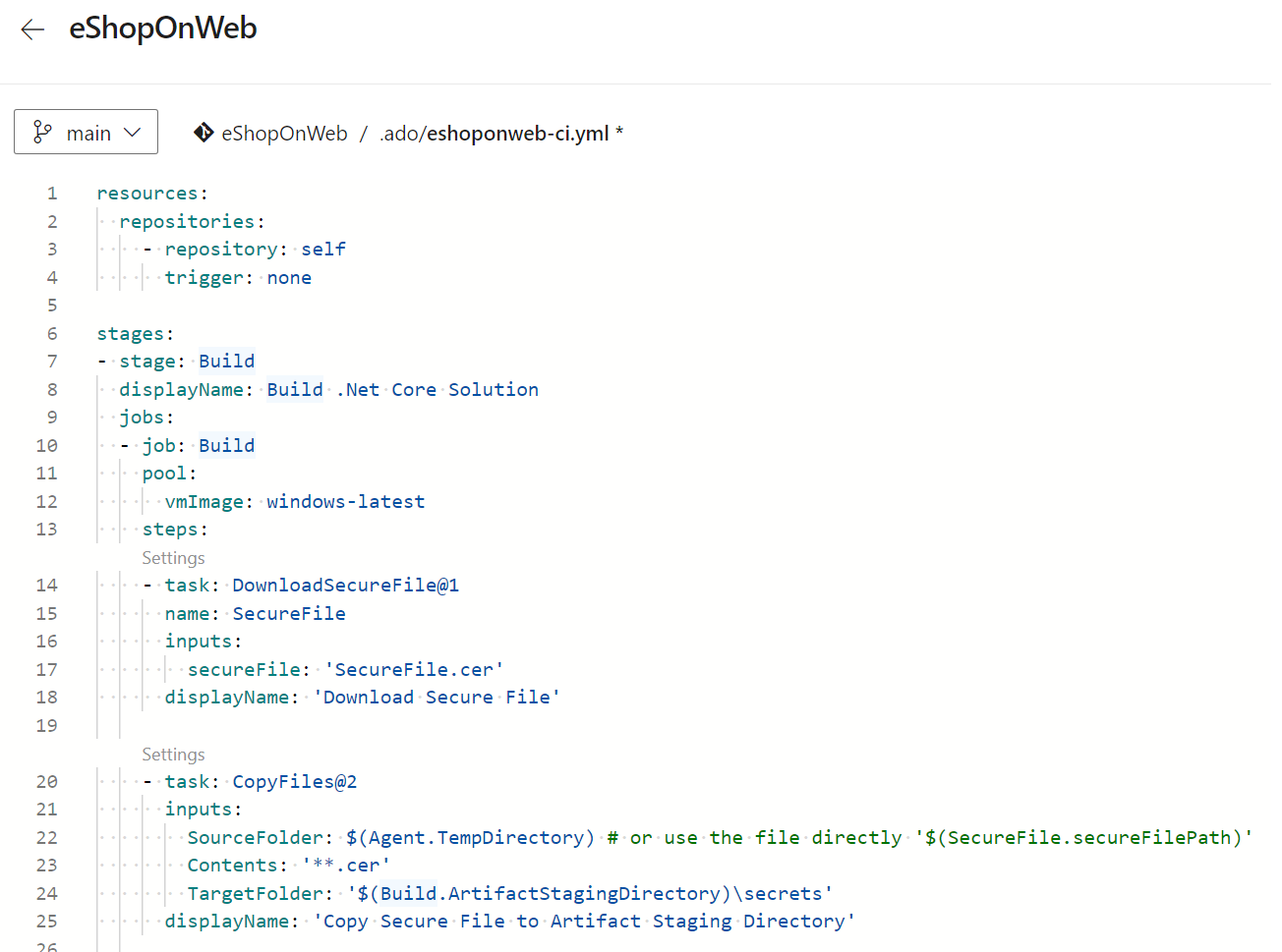 Screenshot of Azure Pipelines showing the steps to download Secure Files and copy them to a folder.