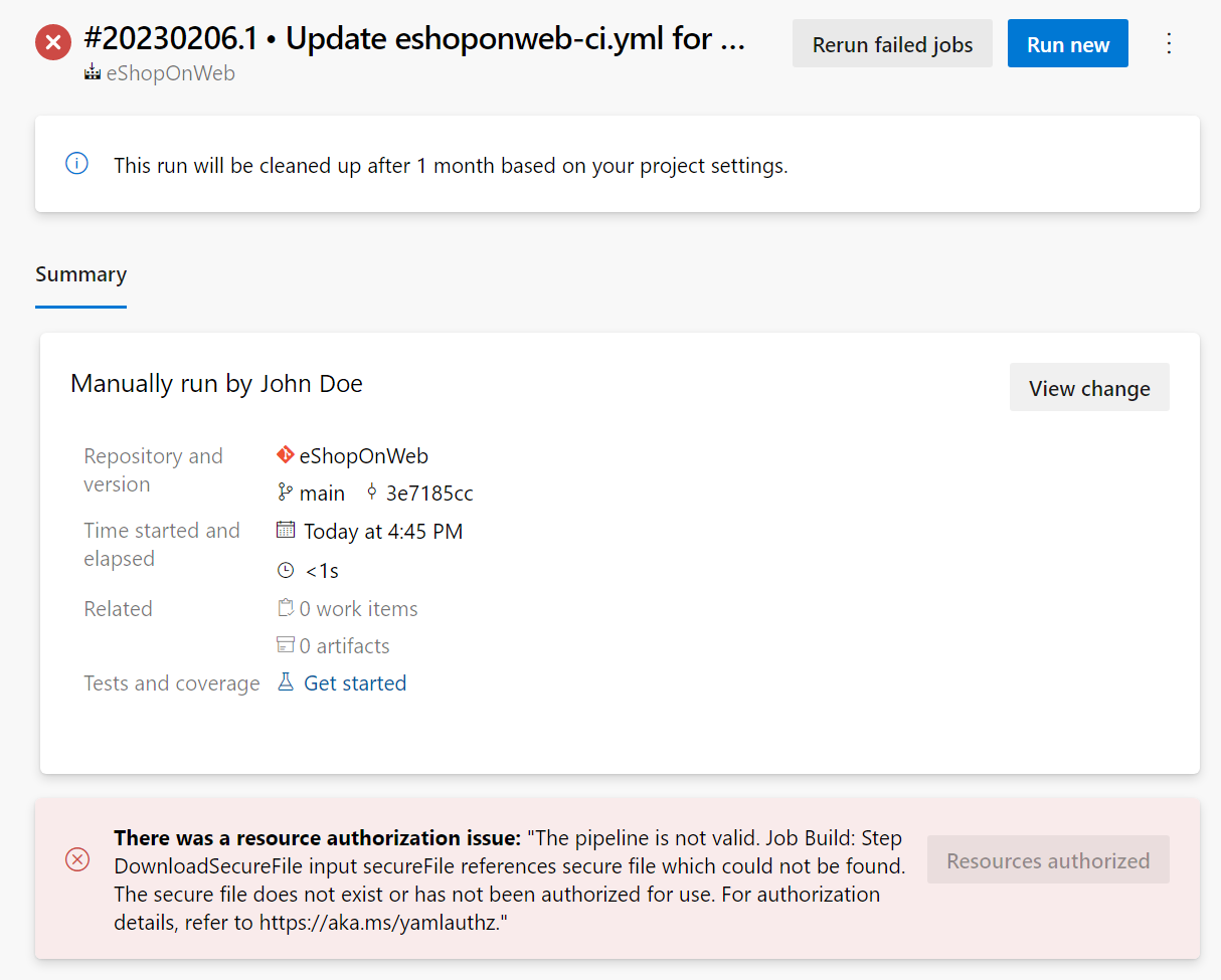 Screenshot of Azure Pipelines showing how to rerun the pipeline after Secure Files authorization.