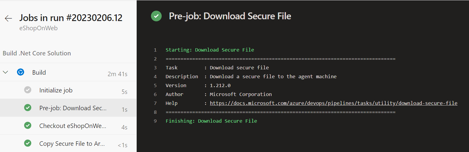 Screenshot of Azure Pipelines showing the downloaded secure file log.