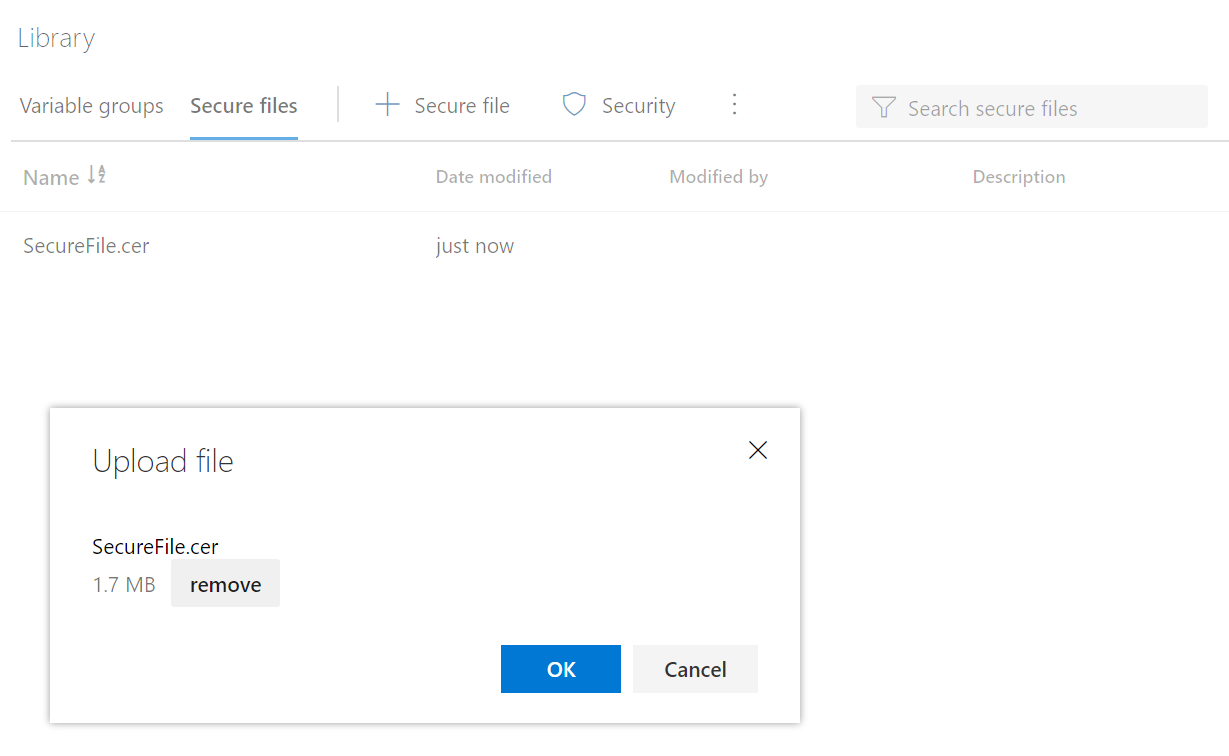 Screenshot of Azure DevOps project Library showing the steps to upload Secure Files.