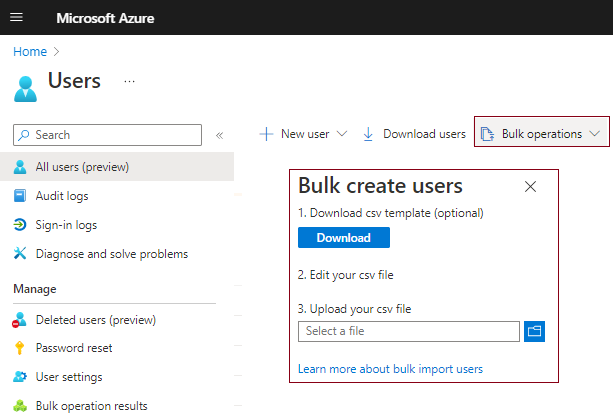 Screenshot that shows the Bulk create user option for new user accounts in Azure AD.