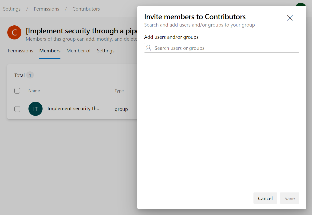 Screenshot of Azure Pipelines showing how to add new users to the contributors group.