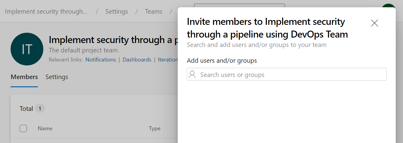 Screenshot of Azure Pipelines showing how to add new users to a team.