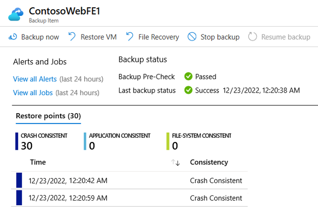 Screenshot that shows recovery points in a Recovery Services vault for a virtual machine snapshot in the Azure portal.