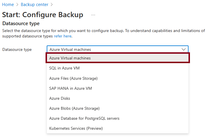 Screenshot that shows backup options for an on-premises Azure virtual machine to an Azure Recovery Services vault.