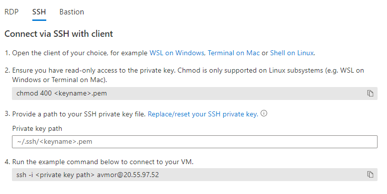 Screenshot that shows how to use the SSH protocol to connect to a Linux-based virtual machine in the Azure portal.
