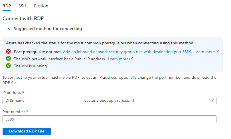 Screenshot that shows how to use the RDP protocol to connect to a Windows-based virtual machine in the Azure portal.