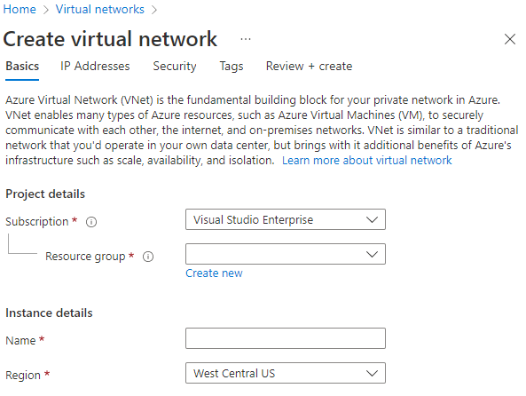 Screenshot that shows how to create a virtual network in the Azure portal.