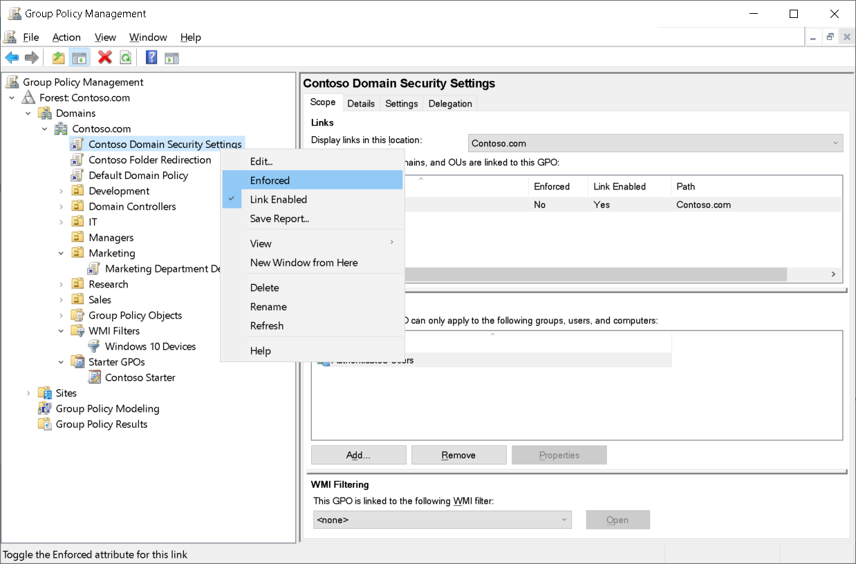 A screenshot of the context menu for the Contoso Domain Security Settings GPO in the Group Policy Management console.