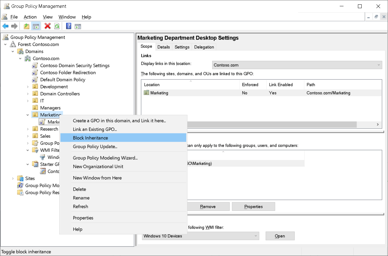 A screenshot of the context menu for the Marketing OU in the Group Policy Management console.