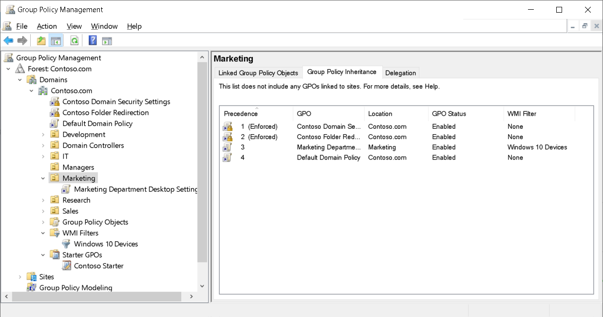 A screenshot of the Group Policy Management console. The administrator has selected the Group Policy Inheritance tab for the Marketing OU.