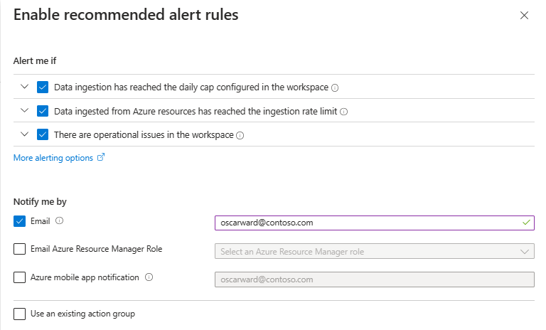 Screenshot of the Properties page of the Enable recommended alert rules page in a Log Analytics workspace.