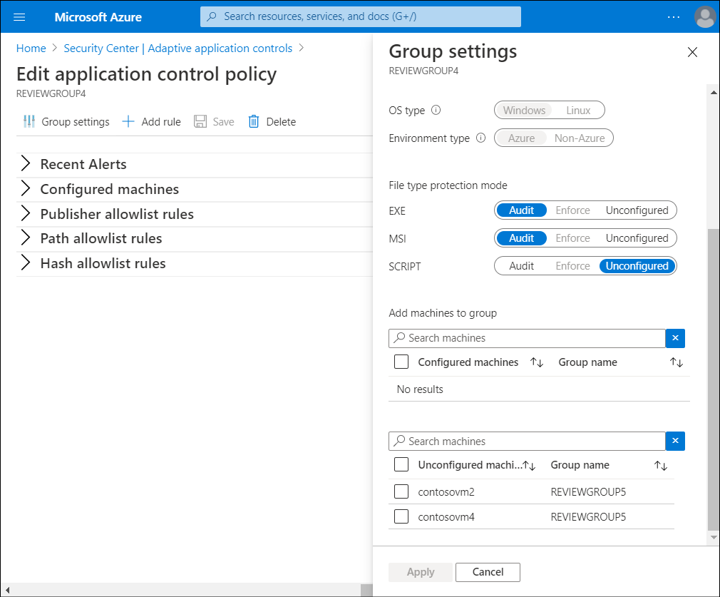 A screenshot of the Edit application control policy blade. The administrator has selected Group settings, and the Group settings blade displays as well.