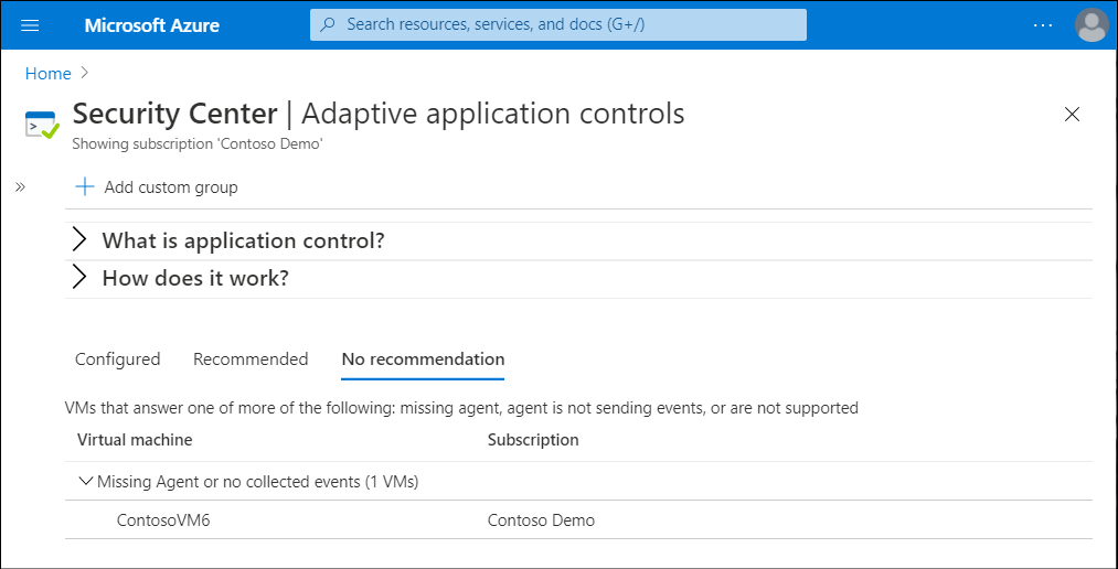 A screenshot of the Adaptive application controls blade. The administrator has selected the No recommendation tab. A single VM is listed and described as Missing agent or no collected events.