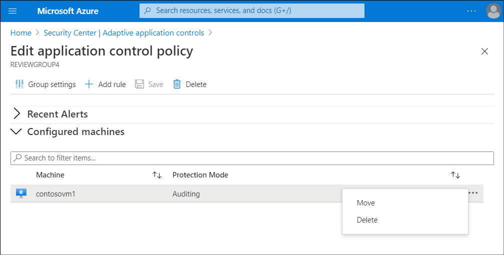 A screenshot of the Edit application control policy blade, Configure machines section. The administrator has selected the ellipsis and can choose between Move and Delete.