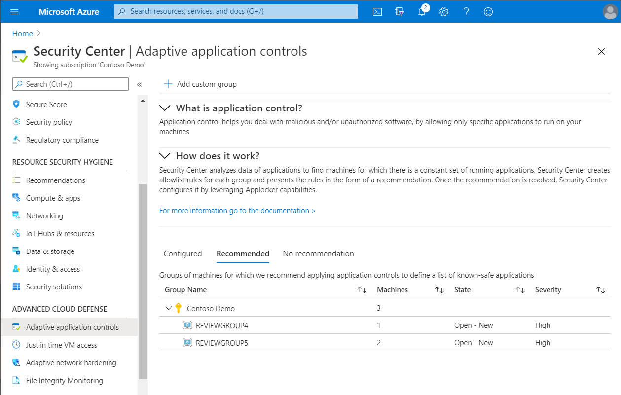 A screenshot of the Adaptive application controls blade. The administrator has selected the Recommended tab. Security Center has recommended two groups of machines for applying application controls.