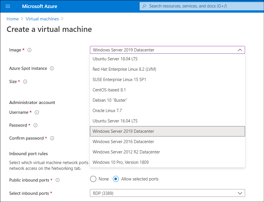 A screenshot of the Create a virtual machine blade in the Azure portal. The administrator is selecting the Windows Server 2019 Datacenter image from the list.
