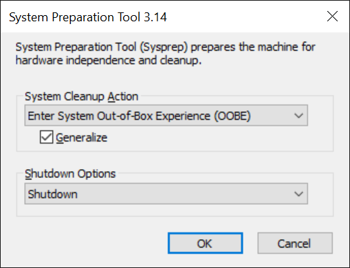 A screenshot of the System Preparation Tool 3.14 dialog box. The administrator has configured the settings described in the preceding table.