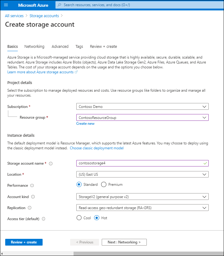 A screenshot of the Microsoft Entra admin center. The administrator is creating a storage account. The resource group is ContosoResourceGroup, the storage account name is contosostorage4, and the Access tier is set to hot.