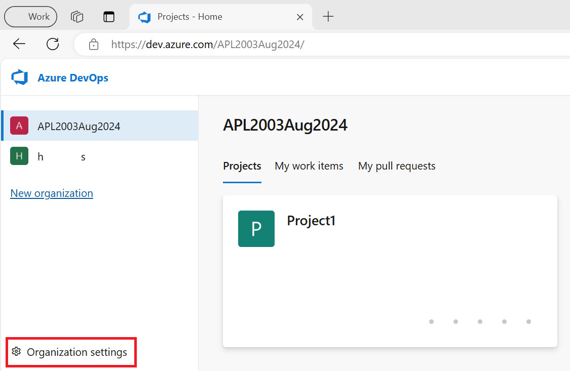 Screenshot showing the Organization settings button on the organization home page.