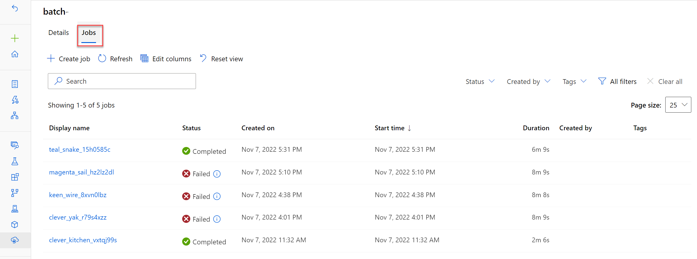 Screenshot of completed and failed jobs from an invoked batch endpoint.