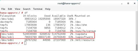 Screenshot of output values for two file systems created on the S A P app server virtual machine on top of the two attached Azure standard storage disks.