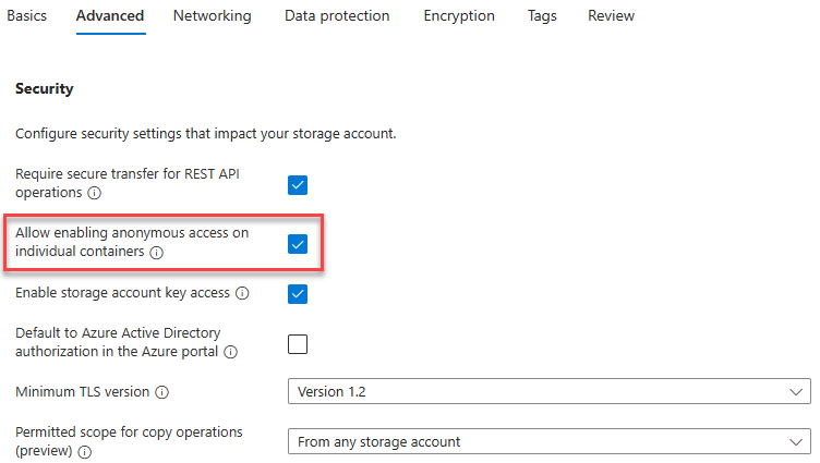 Screenshot showing how to enable anonymous-access containers on a storage account.