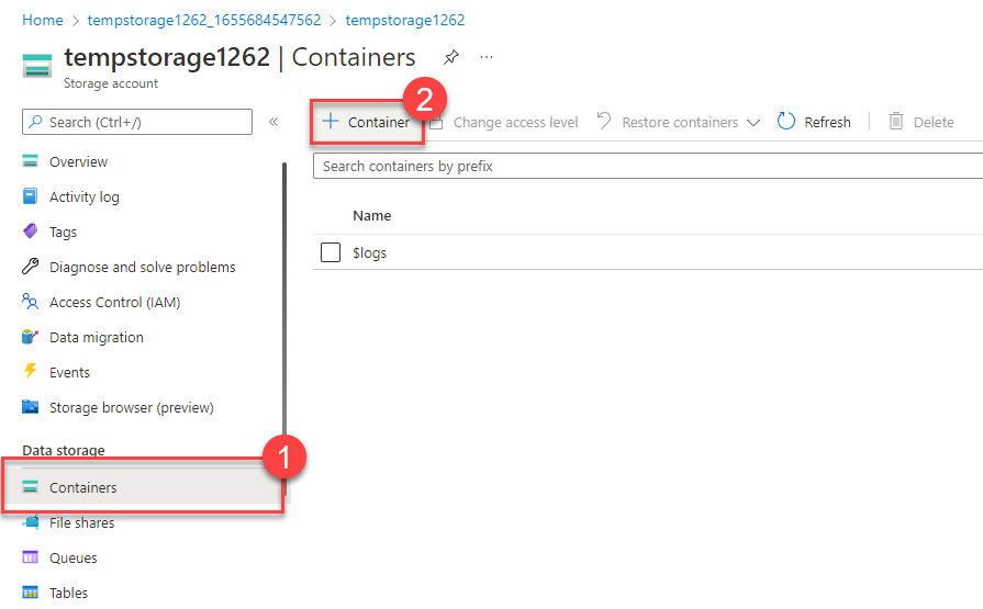 Screenshot of the Container add section of a storage account.