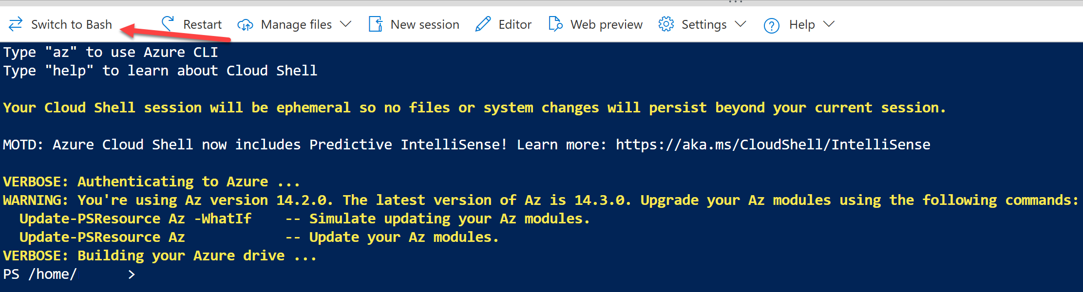 Screenshot of the Switch to button in the Azure command line interface.