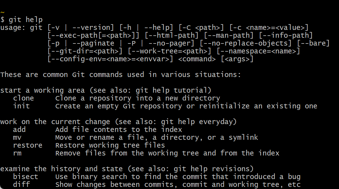 Screenshot of the git bash interface with the git help command run.