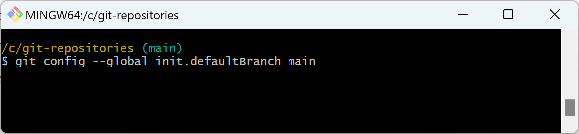 Screenshot of the git config command setting the default branch to main.