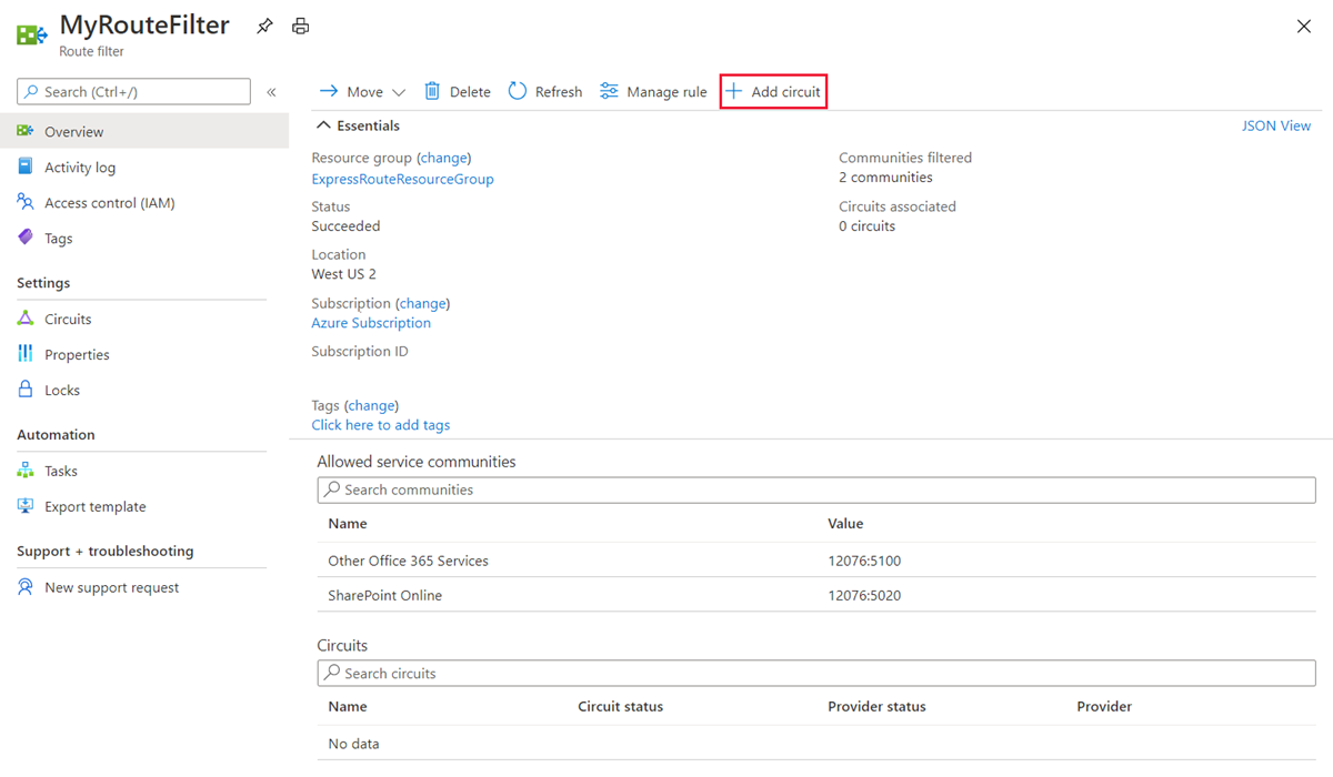 Azure portal - Add a circuit to a route filter